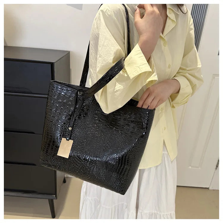 Fashion Casual Women Shoulder Bags Silver Gold Black Crocodile Handbag PU Leather Female Big Tote Bag Ladies Shopping Bag