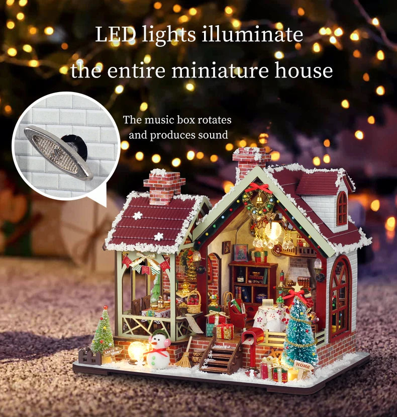 Christmas Night Warm House - Miniature Dollhouse DIY Kit with Music Box, Desktop Decor, Creative Gift (English Color Box)