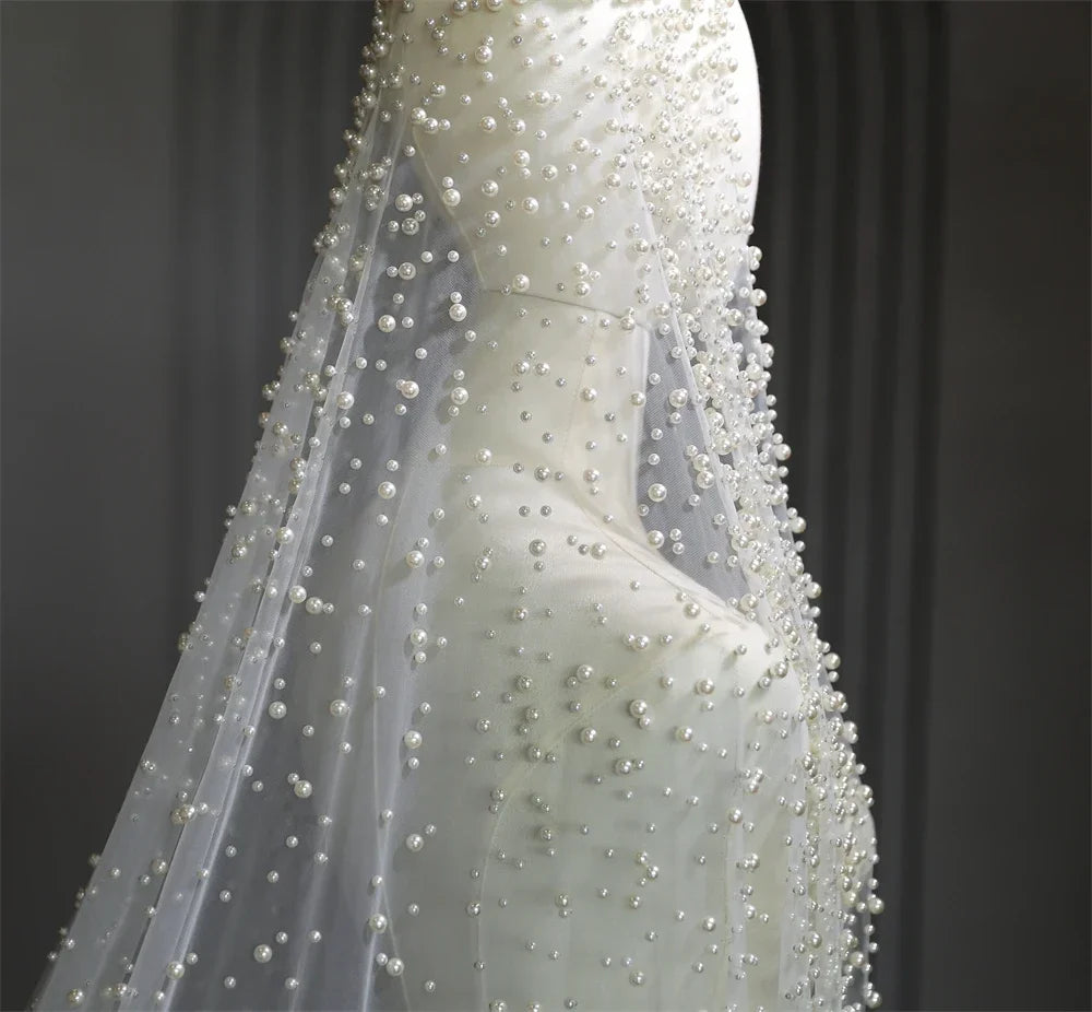 1Tier Wedding Veil With Pearls Long Luxury Bridal Veil with Comb Scattered Dense Pearls Cascading Mantilla Cathedral Custom Veil