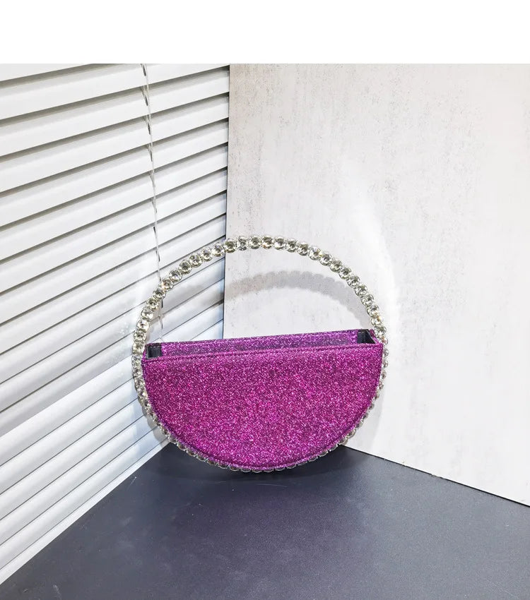 Lady Blue/Pink Diamond Circular Evening Bag Women Fushia Round Handle Rhinestone Dinner Clutch Purse Ladies Half Moon Handbags