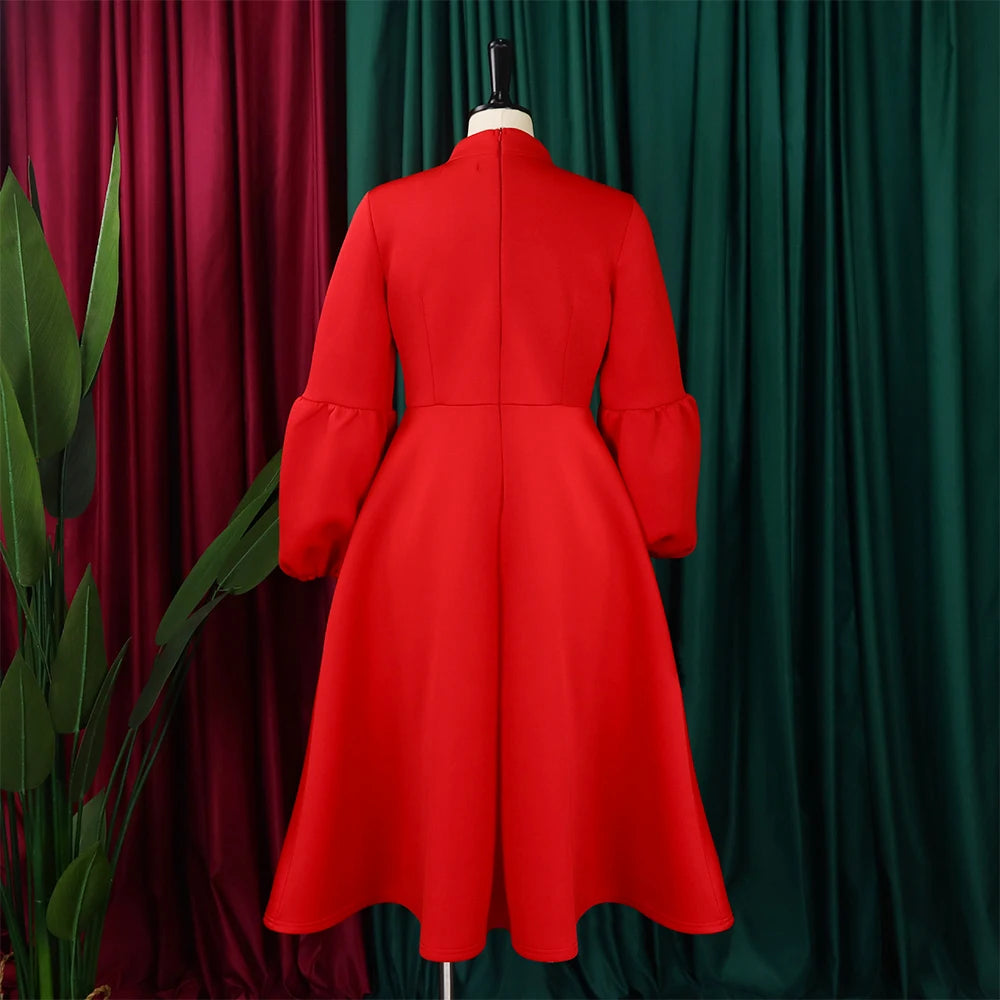 Elegant Dresses for Women Bow Collar Full Sleeve High Waisted A Line Mid Calf Luxury Female Birthday Party Dinner Vestidos Mujer