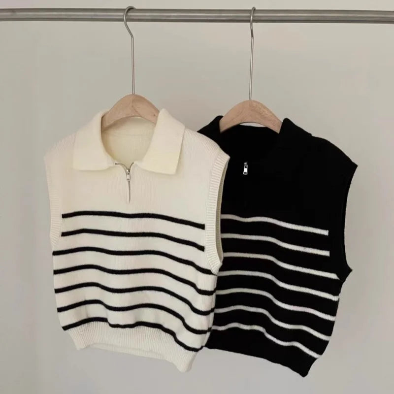 Retro lapel zipper stripe knitted waistcoat women Autumn Winter Korean fashion sleeveless sweaters casual simple pullover vest