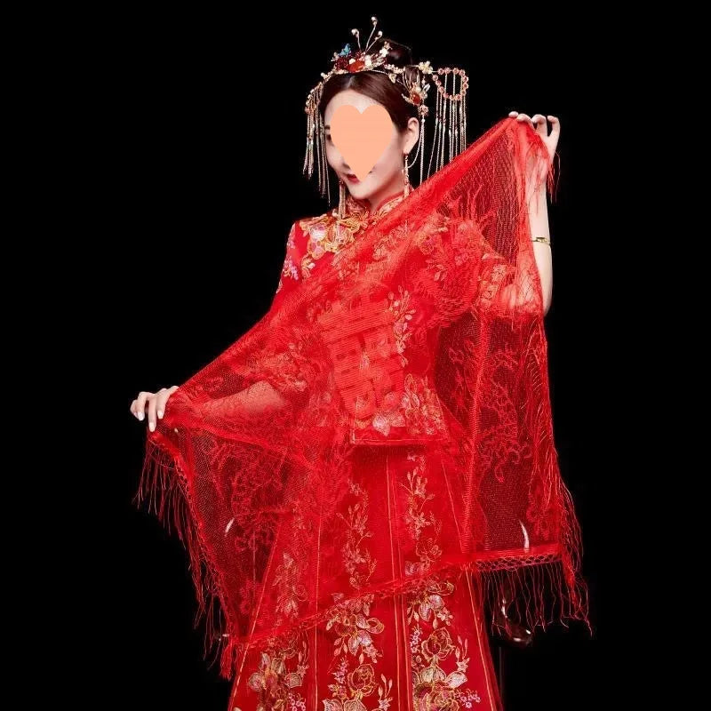 Bridal Headpiece Flower Main Dress Chinese Style Wedding Xiuhe Red Head Cover Semi-transparent Veil  Hijab Accessories  Retro
