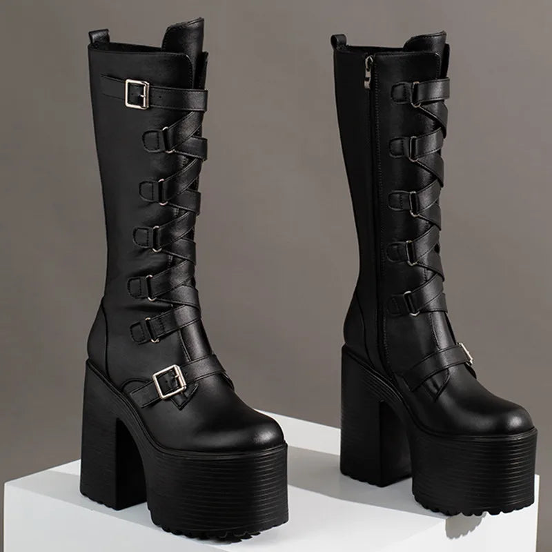 Platform Knee High Boots Women Autumn Winter Punk High Heels Zipper Black White Boot Sexy Buckle Party Goth Shoes Large Size