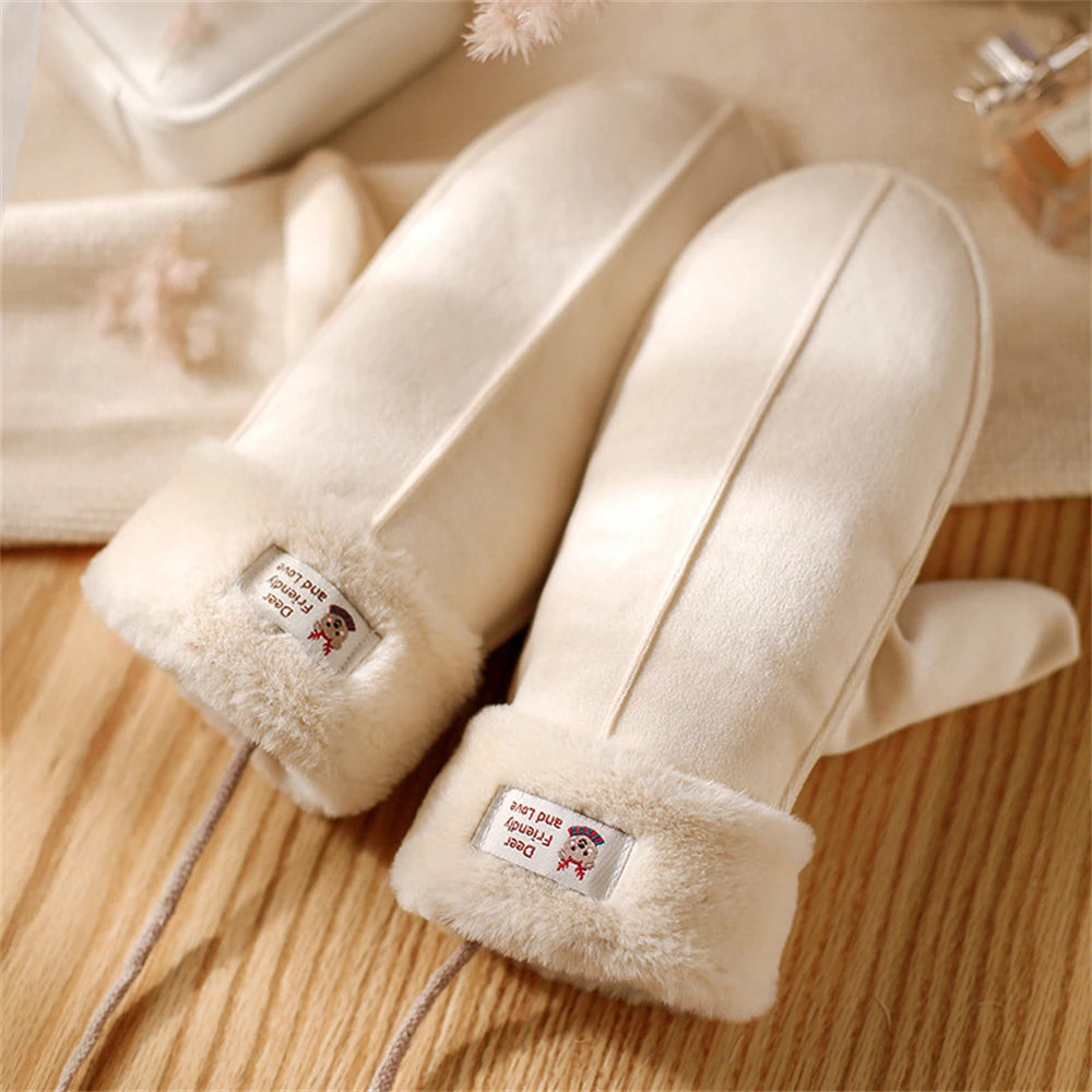 Women's Suede Plush Hanging Neck Gloves Winter Warm Windproof Gloves Outdoor Skiing Cold-Proof Student Mittens Christmas Gift