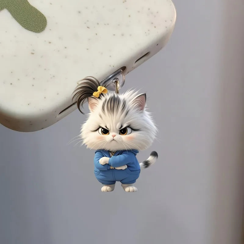 2D Flat Explosive Angry Kitten Acrylic Phone Dust Stopper for IPhone and Type C Charging Port Protectors Decorative Accessories