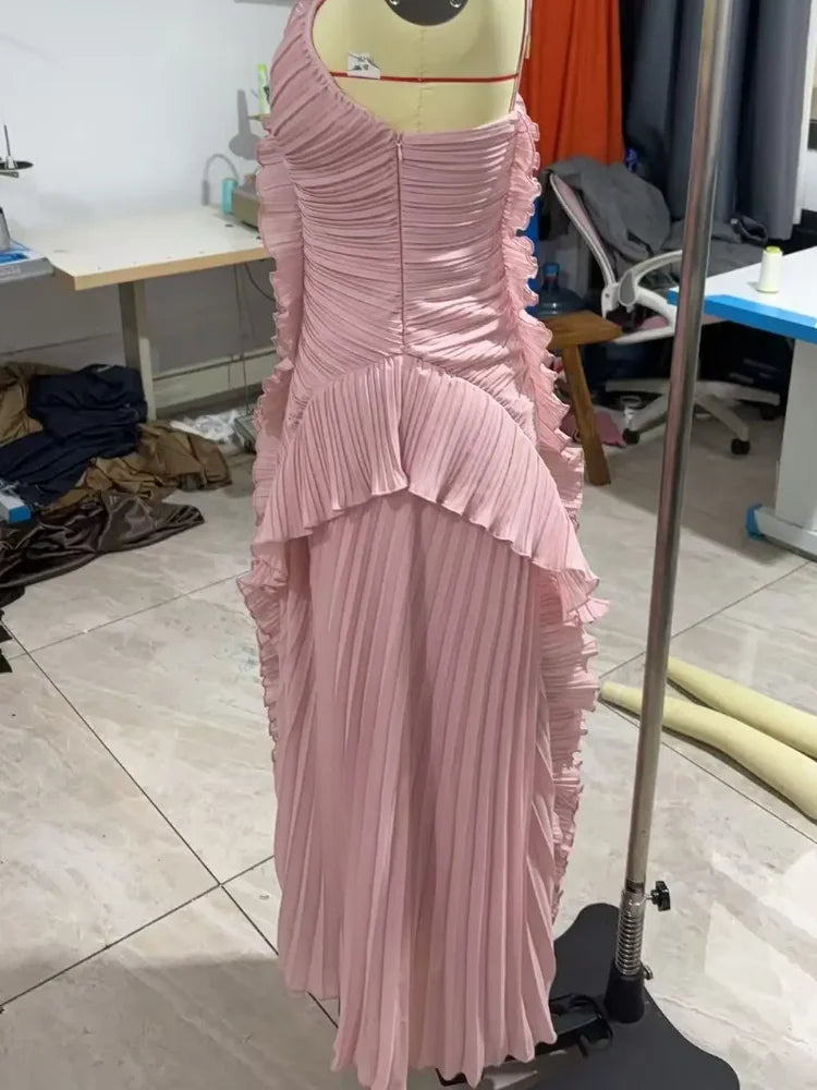 Elegant Neck Strap Ruffles Evening Gown Solid Folds A Line Lace Up Backless Sexy Party Dress 2025 New Party  Vacation Y2k Robe