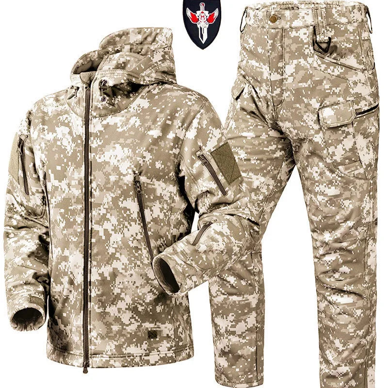 Tactical Winter Set Men's Outdoor Windproof Waterproof Suit Multi-Pocket Soft Shell Hooded Jackets Sharkskin Work Pants