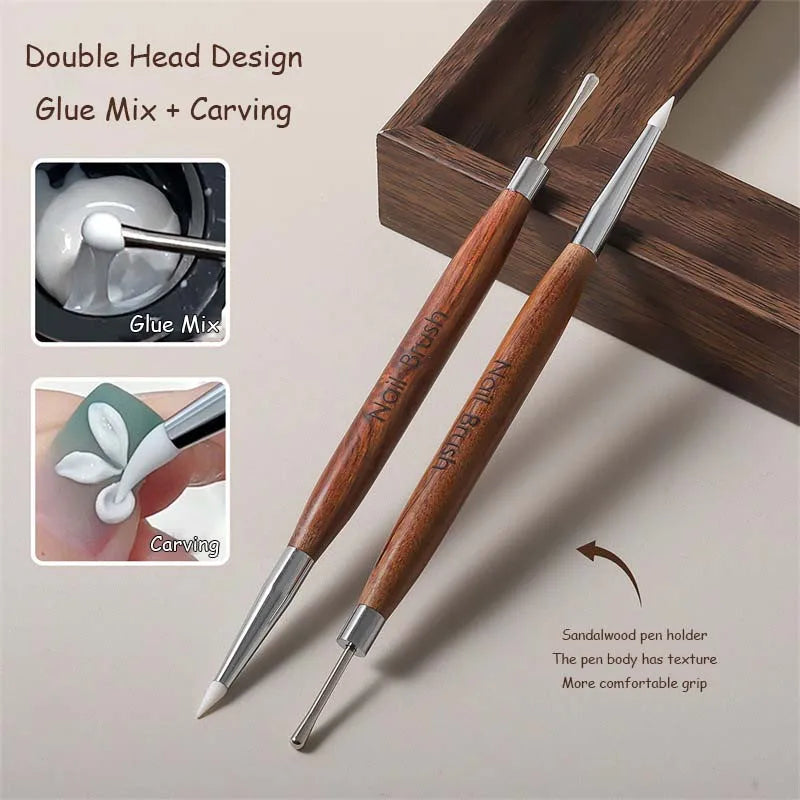 Double Head Nail Art Brush Silicone Spatula Brush Carving Flower Painting Pen Stainless Steel UV Glue Mixed DIY Manicure Tools