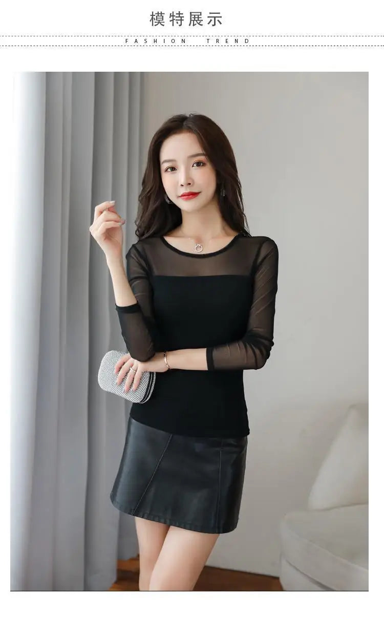 Mesh Bottoming Shirt for Women Long-sleeved T-shirt Autumn Winter New Korean Style Round Neck Slim Shirt with Tight Top Inside