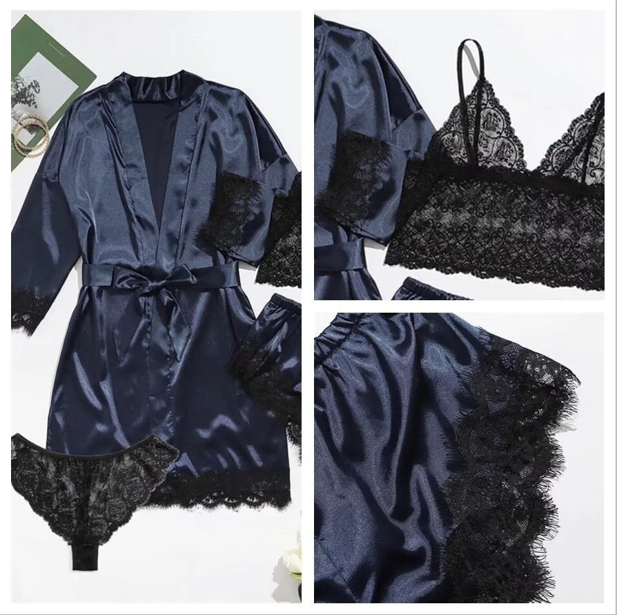 new Women's Sleep Lounge New Pajama Sets European American 4-piece set with lace satin suspender summer set for sleeping pajamas