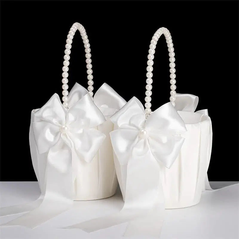 1-2pcs Pearl Handle Flower Basket Satin White Western Rustic Bowknot Wedding Basket Foldable Flower Basket For Floral Petals