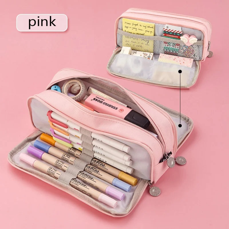 Kawaii Large Capacity Pencil Case 3 Compartment Pouch Pen Bag Double Side Opening Students Stationery Organizer School Supplies
