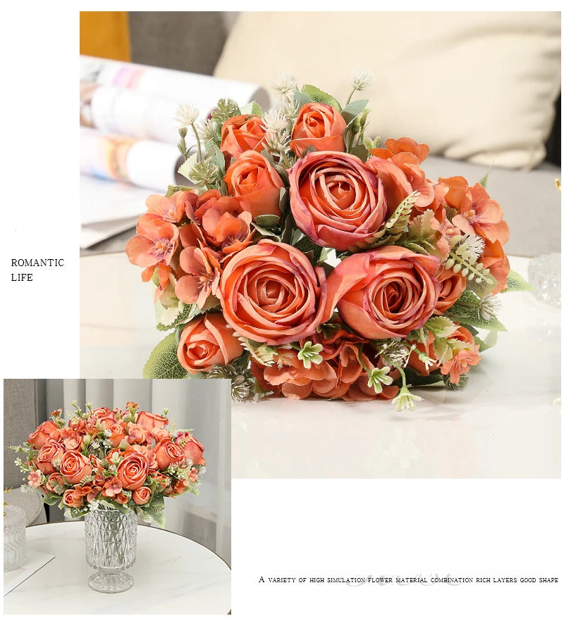 Artificial Flowers Silk Roses Bouquet Home Decor Simulation Flower Kimberley Rose Bud Hydrangea Living Room Decorative Florist