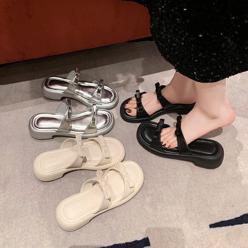 Summer Women Platform Slide Sandals Bow Decor Open Toe Non Slip Soft Sole Casual Shoes for Daily Outdoor Beach Vacation Wear