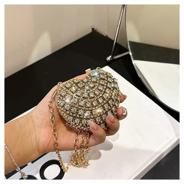 Luxury Mini Diamond Inlay Heart Shape Crystal Clutch Purse Stones Evening Wedding Party Shoulder Bag Handle Rhinestone Handbags