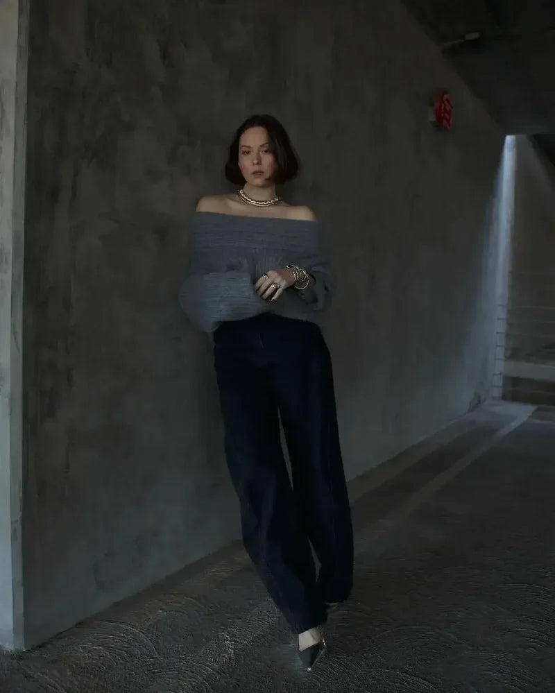 Tuularose Women's Off-Shoulder Sweater Fashion Loose Casual Brown Retro Pullover Spring High Street Office Lady Tops Knitwear