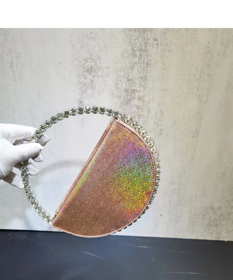 Lady Blue/Pink Diamond Circular Evening Bag Women Fushia Round Handle Rhinestone Dinner Clutch Purse Ladies Half Moon Handbags