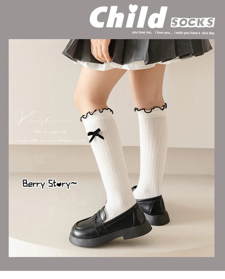 1 Pair Chic Simplicity Kids Girl Sock Sweet Fashion Bow Ruffle Bow Children Girl Calf Sock Spring Autumn Cotton School Sock