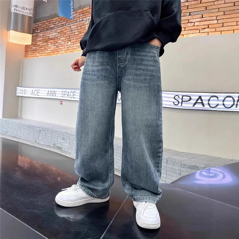 Boys Jeans Pants Spring Kids Wide Leg Straight Trousers Autumn Loose-Fit Casual Trousers Children's Trendy Sweatpants Pant 5-14Y