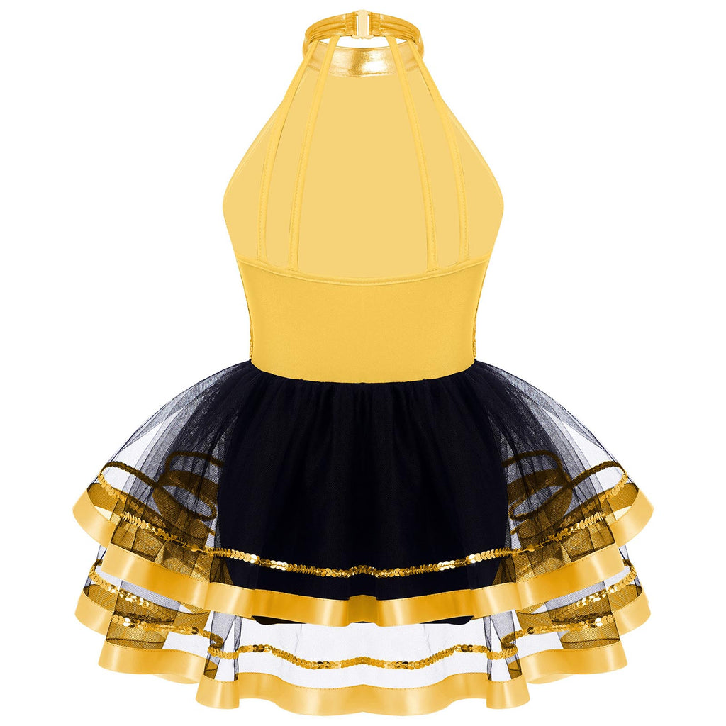 Jazz Dance Costume Kids Halter Shiny Sequins Gymnastics Unitards Dress Girls Ballet Leotard Tutu Stage Performance Clothing