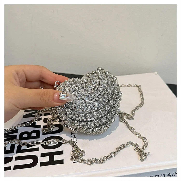 Luxury Mini Diamond Inlay Heart Shape Crystal Clutch Purse Stones Evening Wedding Party Shoulder Bag Handle Rhinestone Handbags