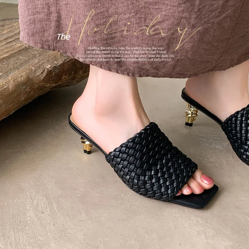 Summer Sandals Women Concise Style Slippers Weave Sandals for Girls Sexy Kitten Heel Elegant Dress Party Wedding  Sandalias