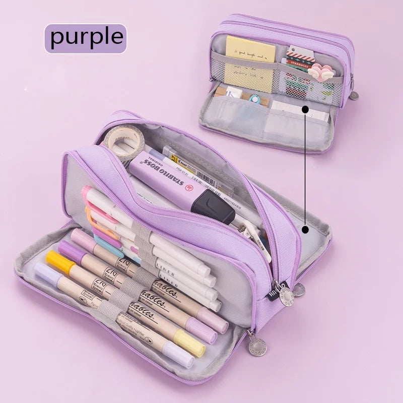 Kawaii Large Capacity Pencil Case 3 Compartment Pouch Pen Bag Double Side Opening Students Stationery Organizer School Supplies