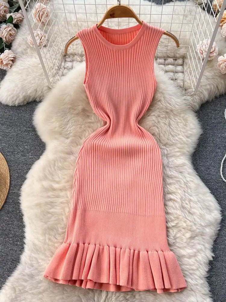 2025 Early Autumn Sexy Package Hips Ruffles Mini Dress Summer Fashion Y2K Knitted Bodycon Ladies Dress Korean Party Vestidos