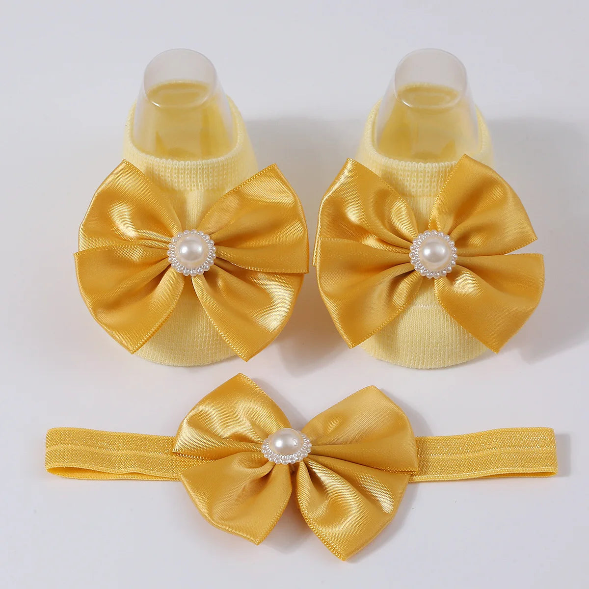 1Set New Baby Pearl Bowknot Headbands Socks Newborn Toddler Soft Prewalker Sock Girl Infant Cute Knitted Cotton Hairband Socks