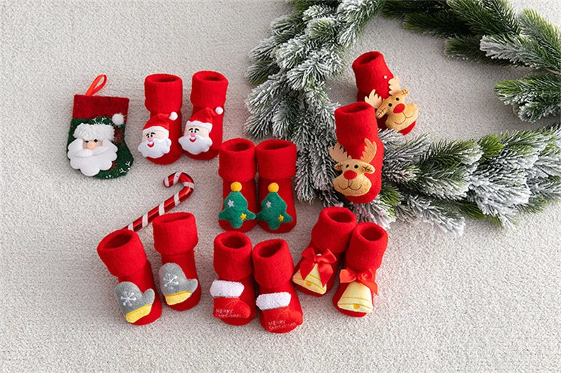 Baby Christmas Socks Newborns Cotton Winter Thickened Short Socks Kids Floor Socks Girls Boys Non-slip Print Toddler Clothing