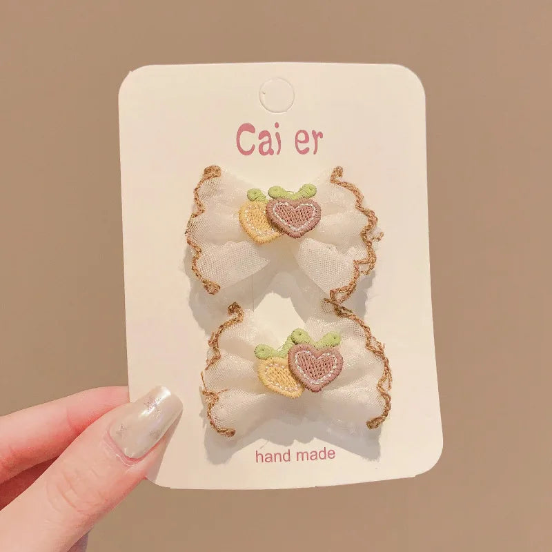 2PCS/Set Kids Headdress Sided Clips Lace Embroidery Flower Bow Hair Clips for Baby Girl Sweet Bowknot Princess Barrettes Hairpin