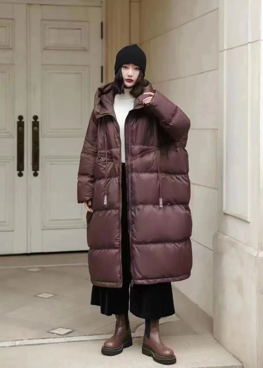 Janveny Women 90% White Duck Down Jacket With Hooded Loose Oversize Long Puffer Coat Autumn Winter Warm Outwear Female Parkas