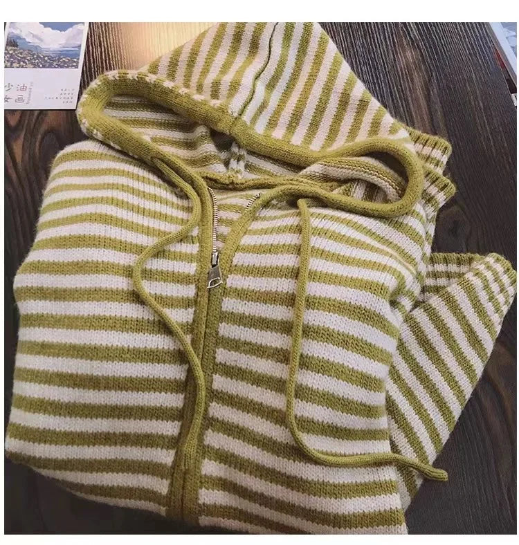 Oversized Knitted Striped Hooded Cardigan Women Autumn Winter Loose Casual Zipper Sweaters Versatile Knitting Outerwear