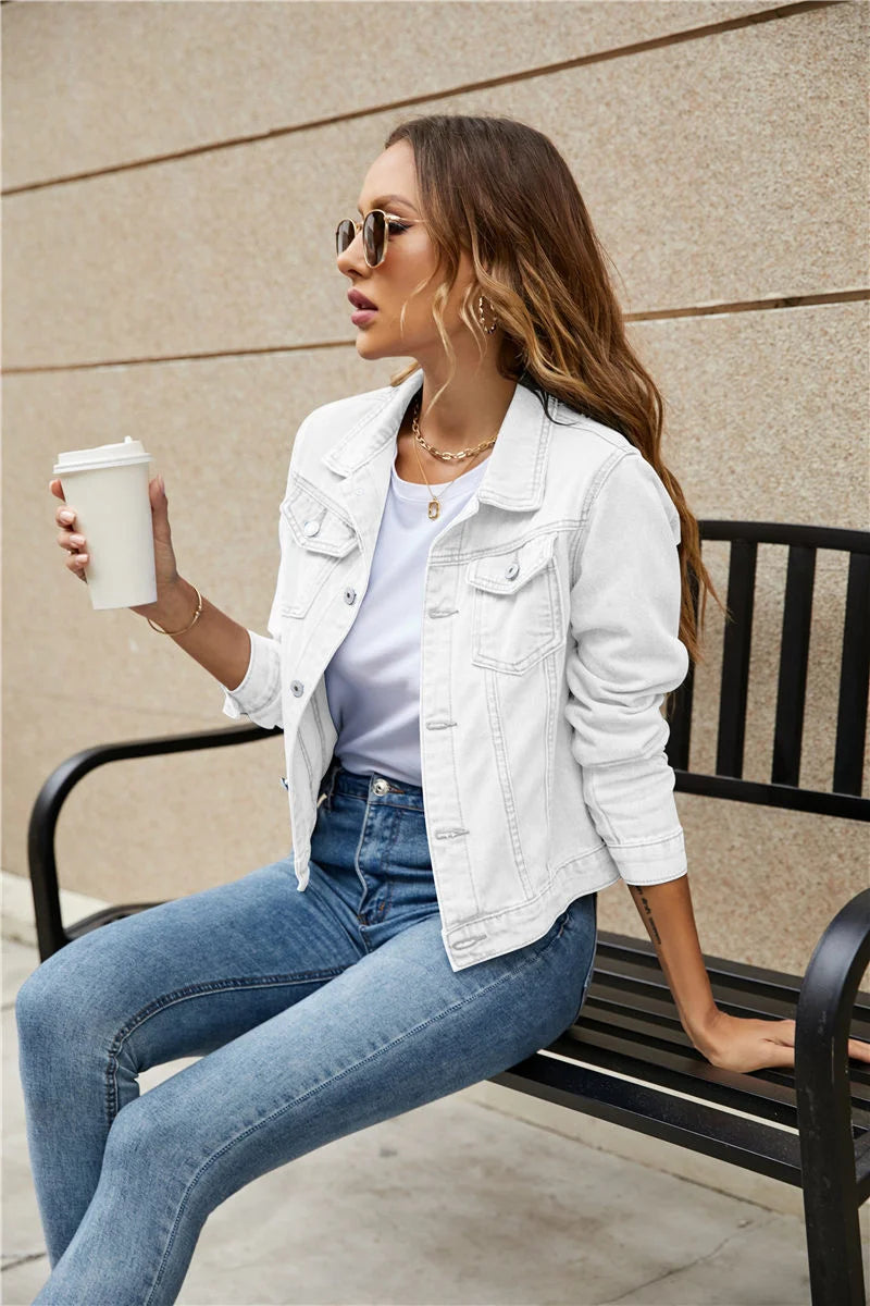 2023 Women's Short Denim Jackets Fashion Female Casual Long Sleeve Lapel Solid Button Pocket Slim Jean Jacket Fall Winter Coat