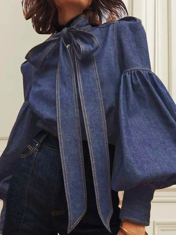 Beautyblue Elegant Women's Imitation Denim Blouse Tops Spring 2025 New Fashion Puff Sleeves Bow-Embellished Female Shirts S-3XL