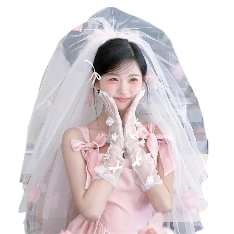Bride Veil Studded Bowknot Beaded Head Covering Wedding Hair Covering White Wedding Veil Headscarf Short Veil DropShip