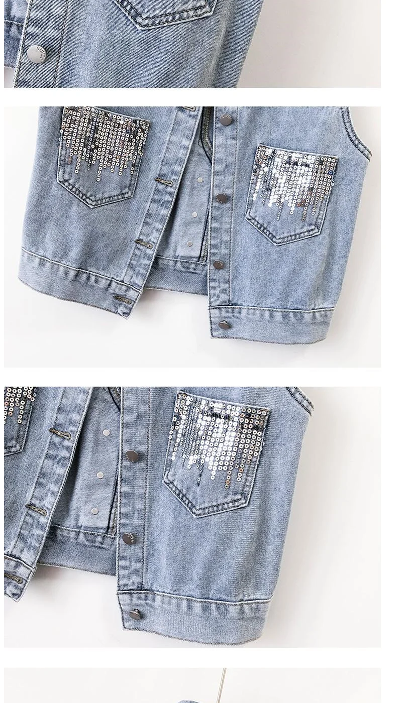 2024 Fashion Design Sequins Denim Vest Summer Autumn Women's Waistcoat Korean Leeveless Denim Jeans Jacket Female Vest Tops