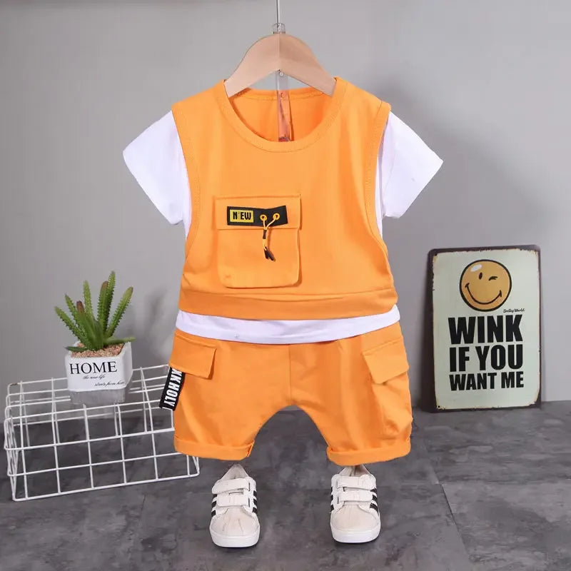 New Children Cotton Clothes Summer Kids Boys Patchwork T Shirts Shorts Pants 2Pcs/sets Infant Kids Toddler Tracksuits 0-5 Years