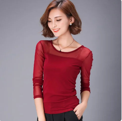 Autumn Winter Black White Bottoming Shirt Round Neck Solid Mesh T Shirt Korean Fashion Women Tops