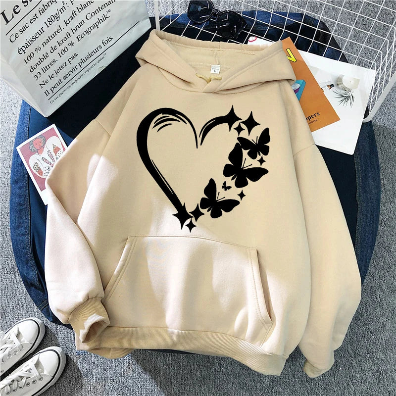 Combination of Love and Butterfly Pattern Long Sleeve Hoodies Women's Trendy Pocket Sweatshirt  Vintage Y2k Hooded Clothing