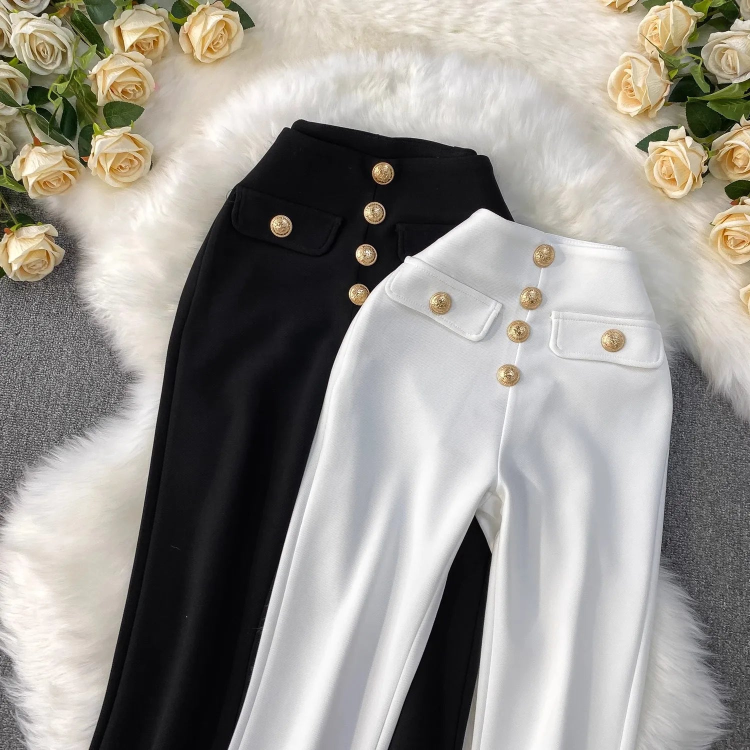 White Micro Flared Pants Spring Summer High Waist Metal Button Slim Fit Floor Length Trousers Elegant Commuting Suit Pants Women
