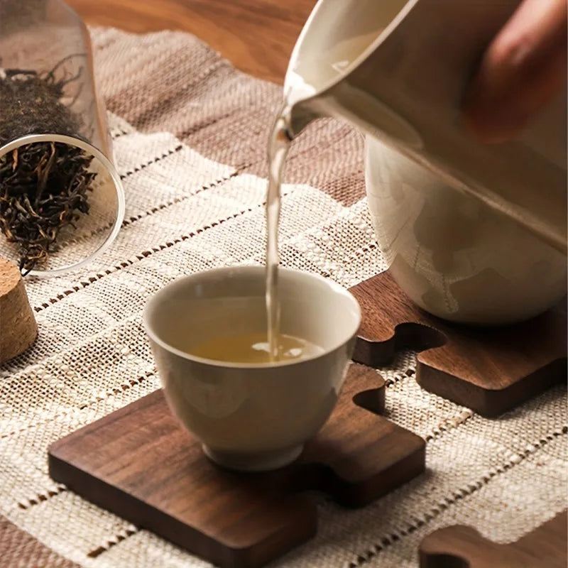 1pc Puzzle Shaped Mat - Protects Tabletops and Enhances Home Decor with Natural Wood Coaster for Drinks, Beverages, and Coffee