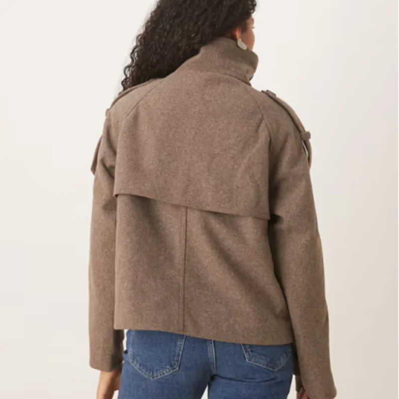 Elegant Women's Short Woolen Coats Stand Collar Double Breasted Long Sleeve Female Jacket 2025 Autumn Winter Lady Warm Outwear