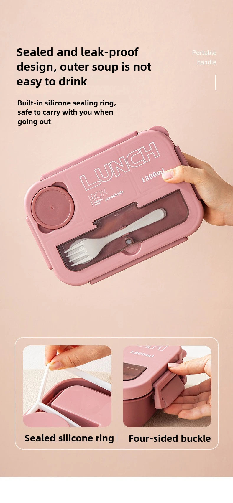 Compartment 1300ML Portable Lunch Box Kids Students Office Bento Box With Fork and Spoon Microwave Food Storage Container