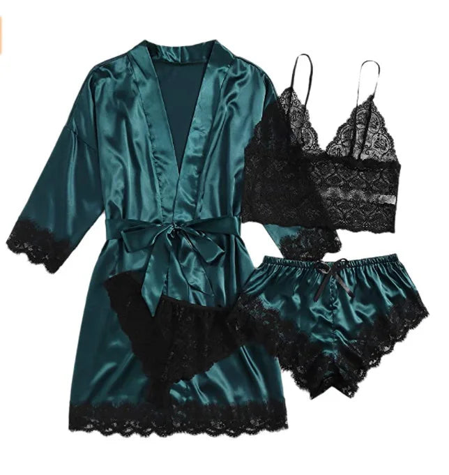 new Women's Sleep Lounge New Pajama Sets European American 4-piece set with lace satin suspender summer set for sleeping pajamas