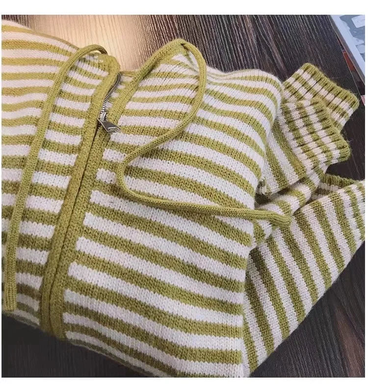 Oversized Knitted Striped Hooded Cardigan Women Autumn Winter Loose Casual Zipper Sweaters Versatile Knitting Outerwear