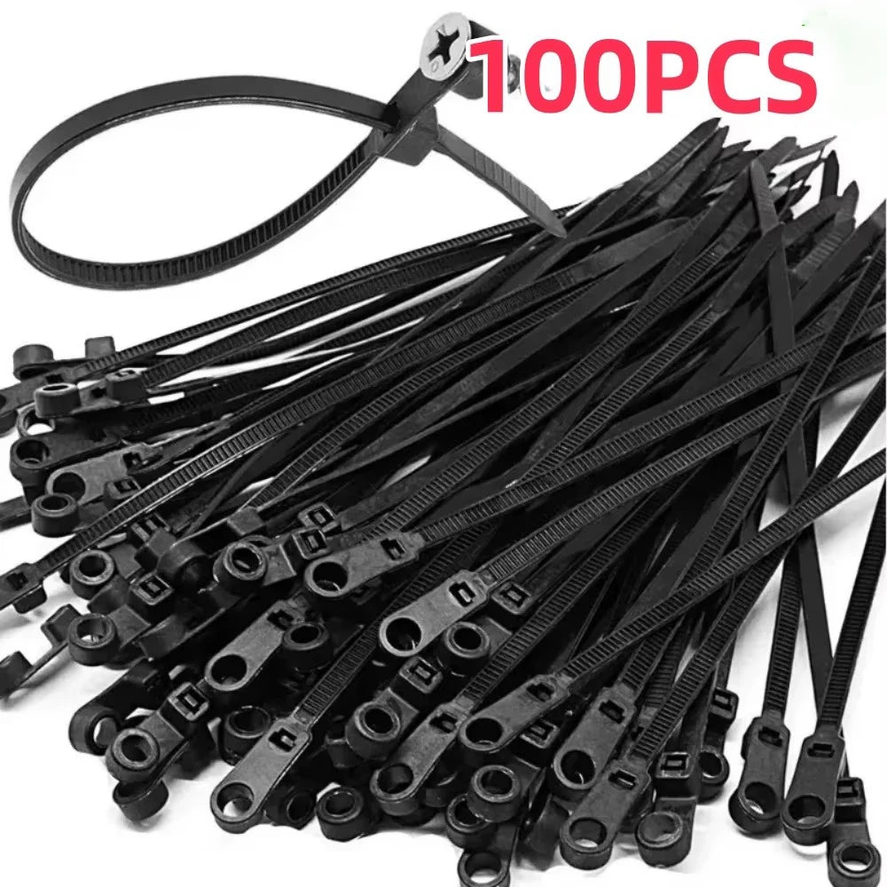 100PCS Screw Hole Nylon Cable Ties Multipurpose Duty Adjustable Self-locking Cord Ties Organizer Straps Fastening Loop