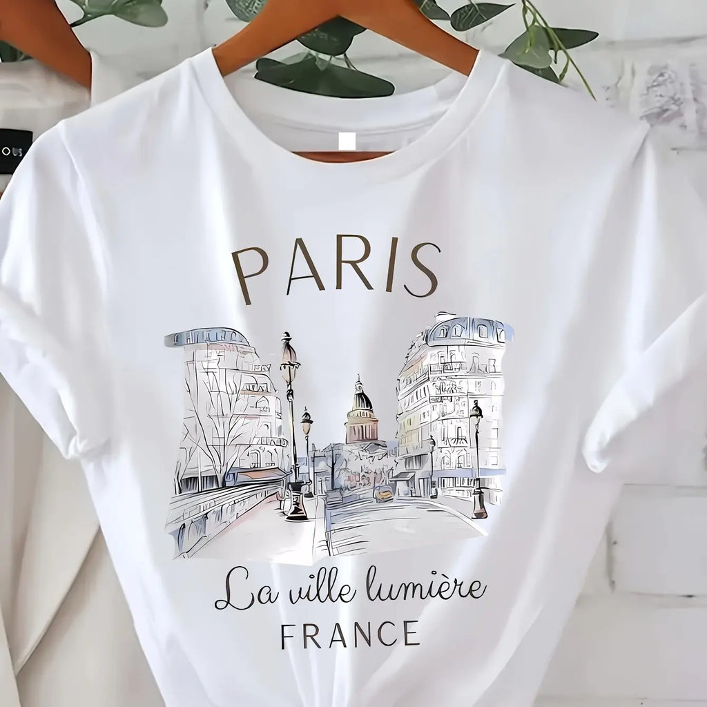 Paris Women Print T-shirt Girl Short Sleeve Crew Neck Casual Top for Summer & Spring, Women's Clothing