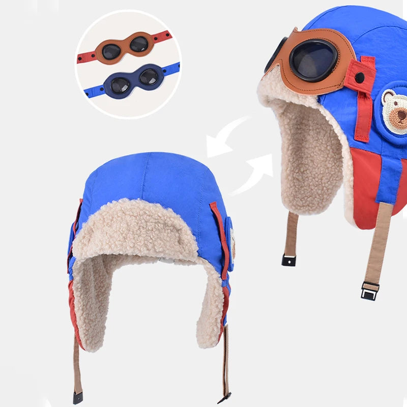 Winter Children Cute Pilot Glasses Lei Feng Hat Boys And Girls Thick Plush Warm Ear Protection Hats